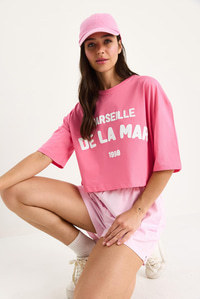 Kadın Yazı Baskılı Bisiklet Yaka %100 Pamuklu Crop T-Shirt 6705 60283450 - Pembe