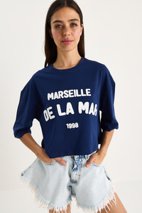 Kadın Yazı Baskılı Bisiklet Yaka %100 Pamuklu Crop T-Shirt 6705 60283450 - Lacivert