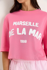 Kadın Yazı Baskılı Bisiklet Yaka %100 Pamuklu Crop T-Shirt 6705 60283450 - Pembe