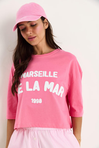 Kadın Yazı Baskılı Bisiklet Yaka %100 Pamuklu Crop T-Shirt 6705 60283450 - Pembe