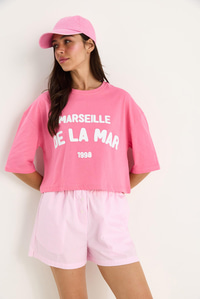 Kadın Yazı Baskılı Bisiklet Yaka %100 Pamuklu Crop T-Shirt 6705 60283450 - Pembe