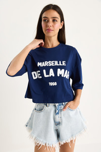 Kadın Yazı Baskılı Bisiklet Yaka %100 Pamuklu Crop T-Shirt 6705 60283450 - Lacivert