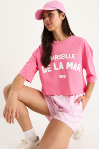 Kadın Yazı Baskılı Bisiklet Yaka %100 Pamuklu Crop T-Shirt 6705 60283450 - Pembe