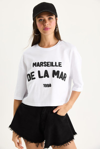 Kadın Yazı Baskılı Bisiklet Yaka %100 Pamuklu Crop T-Shirt 6705 60283450 - Beyaz