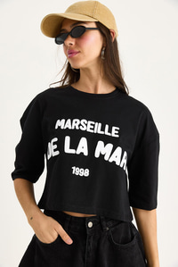 Kadın Yazı Baskılı Bisiklet Yaka %100 Pamuklu Crop T-Shirt 6705 60283450 - Siyah