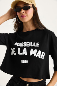 Kadın Yazı Baskılı Bisiklet Yaka %100 Pamuklu Crop T-Shirt 6705 60283450 - Siyah