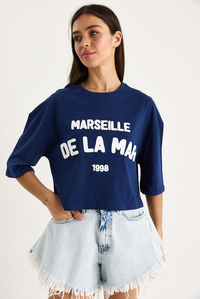 Kadın Yazı Baskılı Bisiklet Yaka %100 Pamuklu Crop T-Shirt 6705 60283450 - Lacivert