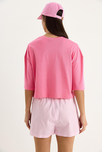 Kadın Yazı Baskılı Bisiklet Yaka %100 Pamuklu Crop T-Shirt 6705 60283450 - Pembe
