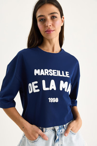 Kadın Yazı Baskılı Bisiklet Yaka %100 Pamuklu Crop T-Shirt 6705 60283450 - Lacivert