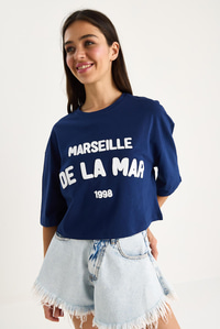 Kadın Yazı Baskılı Bisiklet Yaka %100 Pamuklu Crop T-Shirt 6705 60283450 - Lacivert
