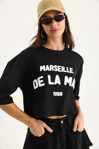 Kadın Yazı Baskılı Bisiklet Yaka %100 Pamuklu Crop T-Shirt 6705 60283450 - Siyah