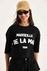 Kadın Yazı Baskılı Bisiklet Yaka %100 Pamuklu Crop T-Shirt 6705 60283450 - Siyah