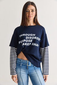Kadın Yazı Baskılı Çizgili Katmanlı Kol Bisiklet Yaka Oversize Sweatshirt 2387 60286693 - Lacivert SWEATSHİRT modelleri