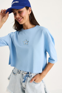 Kadın Yıldız Nakışlı Bisiklet Yaka %100 Pamuklu Crop T-Shirt 6703 60283449 - Bebe Mavisi