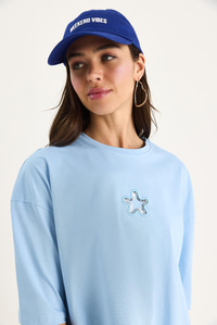 Kadın Yıldız Nakışlı Bisiklet Yaka %100 Pamuklu Crop T-Shirt 6703 60283449 - Bebe Mavisi