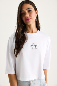 Kadın Yıldız Nakışlı Bisiklet Yaka %100 Pamuklu Crop T-Shirt 6703 60283449 - Beyaz