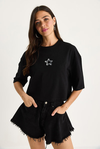 Kadın Yıldız Nakışlı Bisiklet Yaka %100 Pamuklu Crop T-Shirt 6703 60283449 - Siyah