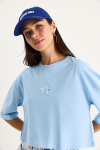 Kadın Yıldız Nakışlı Bisiklet Yaka %100 Pamuklu Crop T-Shirt 6703 60283449 - Bebe Mavisi