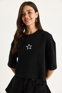 Kadın Yıldız Nakışlı Bisiklet Yaka %100 Pamuklu Crop T-Shirt 6703 60283449 - Siyah