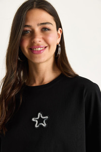 Kadın Yıldız Nakışlı Bisiklet Yaka %100 Pamuklu Crop T-Shirt 6703 60283449 - Siyah