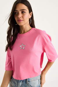 Kadın Yıldız Nakışlı Bisiklet Yaka %100 Pamuklu Crop T-Shirt 6703 60283449 - Pembe
