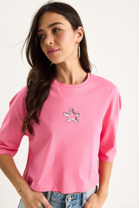 Kadın Yıldız Nakışlı Bisiklet Yaka %100 Pamuklu Crop T-Shirt 6703 60283449 - Pembe