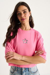 Kadın Yıldız Nakışlı Bisiklet Yaka %100 Pamuklu Crop T-Shirt 6703 60283449 - Pembe