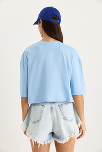 Kadın Yıldız Nakışlı Bisiklet Yaka %100 Pamuklu Crop T-Shirt 6703 60283449 - Bebe Mavisi
