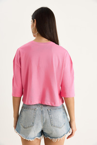 Kadın Yıldız Nakışlı Bisiklet Yaka %100 Pamuklu Crop T-Shirt 6703 60283449 - Pembe