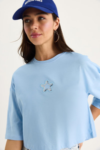 Kadın Yıldız Nakışlı Bisiklet Yaka %100 Pamuklu Crop T-Shirt 6703 60283449 - Bebe Mavisi