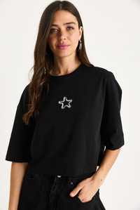 Kadın Yıldız Nakışlı Bisiklet Yaka %100 Pamuklu Crop T-Shirt 6703 60283449 - Siyah