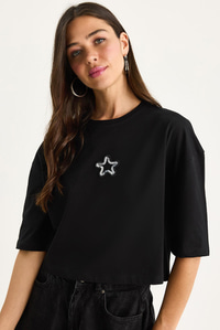 Kadın Yıldız Nakışlı Bisiklet Yaka %100 Pamuklu Crop T-Shirt 6703 60283449 - Siyah