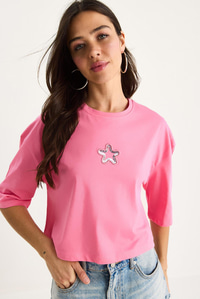 Kadın Yıldız Nakışlı Bisiklet Yaka %100 Pamuklu Crop T-Shirt 6703 60283449 - Pembe