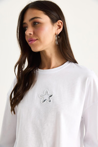 Kadın Yıldız Nakışlı Bisiklet Yaka %100 Pamuklu Crop T-Shirt 6703 60283449 - Beyaz
