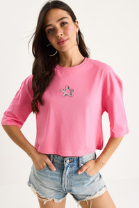 Kadın Yıldız Nakışlı Bisiklet Yaka %100 Pamuklu Crop T-Shirt 6703 60283449 - Pembe