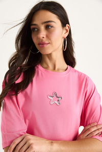 Kadın Yıldız Nakışlı Bisiklet Yaka %100 Pamuklu Crop T-Shirt 6703 60283449 - Pembe