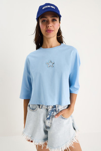 Kadın Yıldız Nakışlı Bisiklet Yaka %100 Pamuklu Crop T-Shirt 6703 60283449 - Bebe Mavisi