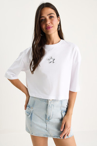 Kadın Yıldız Nakışlı Bisiklet Yaka %100 Pamuklu Crop T-Shirt 6703 60283449 - Beyaz