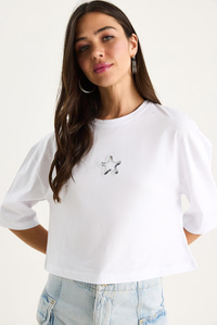 Kadın Yıldız Nakışlı Bisiklet Yaka %100 Pamuklu Crop T-Shirt 6703 60283449 - Beyaz