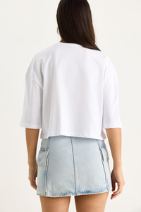 Kadın Yıldız Nakışlı Bisiklet Yaka %100 Pamuklu Crop T-Shirt 6703 60283449 - Beyaz