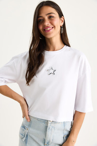 Kadın Yıldız Nakışlı Bisiklet Yaka %100 Pamuklu Crop T-Shirt 6703 60283449 - Beyaz