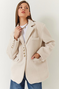 Kalın Kaşe Blazer Ceket Kısa Kaban 60261366 - Krem
