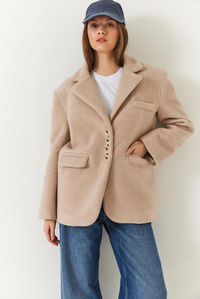 Kalın Kaşe Blazer Ceket Kısa Kaban 60261366 - Bej