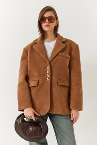 Kalın Kaşe Blazer Ceket Kısa Kaban 60261366 - Kahverengi