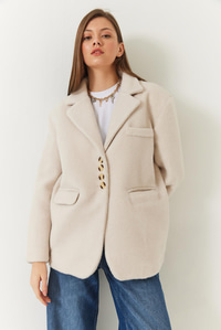 Kalın Kaşe Blazer Ceket Kısa Kaban 60261366 - Krem