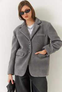 Kalın Kaşe Blazer Ceket Kısa Kaban 60261366 - Gri