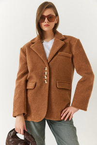 Kalın Kaşe Blazer Ceket Kısa Kaban 60261366 - Kahverengi