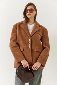Kalın Kaşe Blazer Ceket Kısa Kaban 60261366 - Kahverengi
