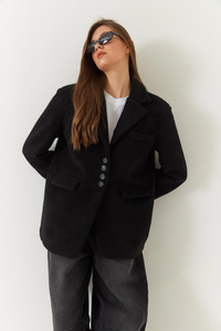 Kalın Kaşe Blazer Ceket Kısa Kaban 60261366 - Siyah