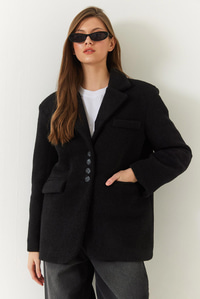 Kalın Kaşe Blazer Ceket Kısa Kaban 60261366 - Siyah